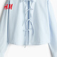 H&M 2026 Spring New Women's Front Tie-Up Poplin Shirt 1327619 Light Blue/Stripes XS 155/80