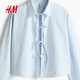 H&M 2026 Spring New Women's Front Tie-Up Poplin Shirt 1327619 Light Blue/Stripes XS 155/80