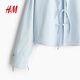 H&M 2026 Spring New Women's Front Tie-Up Poplin Shirt 1327619 Light Blue/Stripes XS 155/80
