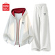 MINISO American lazy chic splicing contrasting color hooded sweatshirt for men 2026 new loose and complete set of casual sports wear white flower gray (m triangle badge chest logo) + white flower gray (m triangle badge pants logo) M /170 (weight 100-120Jin Jin is equal to 0.5 kg)