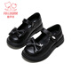 Fuluo Mi Girls Genuine Leather Shoes Spring and Autumn Soft Sole Black Single Shoes for Big Children Bow Princess Shoes Black Single Layer 35
