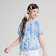 DEESHA Official Children's Clothing Girls' Shirt Summer New Style Big Kids Girls Children's Style Puff Sleeve Printed Cotton Shirt Blue Print 150