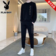 Playboy long-sleeved T-shirt business sports suit spring and autumn new men's middle-aged and elderly dad's loose large size sweatshirt two-piece set D04 black M