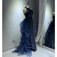 Mofu Blue Evening Dress 2026 Light Luxurious Sequin Tassel Piano Performance Dress Violin Art Exam Host Dress Blue Dress XS
