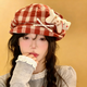 Fan Shengyu Japanese style plaid cat octagonal hat for women spring y2k style sweet and western style beret showing face little newsboy painter hat plaid kitten beret one size fits all 54-58cm