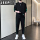 JEEP SPIRIT casual sports suit men's spring and autumn trendy loose round neck pullover long-sleeved sweatshirt running two-piece set black 577 M 90-110Jin Jin equals 0.5 kg