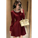 Xiaohongshu gold-embellished diamond red engagement dress for women, autumn and winter long-sleeved petite banquet toast, burgundy M
