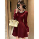 Xiaohongshu gold-embellished diamond red engagement dress for women, autumn and winter long-sleeved petite banquet toast, burgundy M