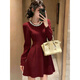 Xiaohongshu gold-embellished diamond red engagement dress for women, autumn and winter long-sleeved petite banquet toast, burgundy M