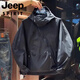 JEEP SPIRIT Spring and Autumn New Large Pocket Diagonal Zipper Work Jacket Men's Trendy Fashion Casual Hooded Jacket Windproof Jacket Black and White M