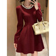 Xiaohongshu gold-embellished diamond red engagement dress for women, autumn and winter long-sleeved petite banquet toast, burgundy M