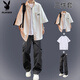 Playboy (PLAYBOY) Japanese waffle short-sleeved shirt casual summer men's set with handsome overalls handsome shirt suit suit label shirt white + short T + overalls gray M recommended 90-110Jin Jin equals 0.5 kg