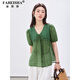 Fabersa brand pastoral style breathable ramie shirt for women 2026 summer new style hollow embroidered V-neck tie short-sleeved top dill green L (recommended 110-120Jin Jin equals 0.5kg)