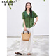 Fabersa brand pastoral style breathable ramie shirt for women 2026 summer new style hollow embroidered V-neck tie short-sleeved top dill green L (recommended 110-120Jin Jin equals 0.5kg)
