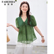 Fabersa brand pastoral style breathable ramie shirt for women 2026 summer new style hollow embroidered V-neck tie short-sleeved top dill green L (recommended 110-120Jin Jin equals 0.5kg)