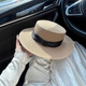 Hengyuanxiang 2026 new style French flat-top straw hat for women summer seaside large head circumference woven beach hat sun protection sun hat pure beige basic small brim flat hat #