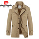 Pierre Cardin autumn and winter men's windbreaker mid-length hooded cotton Korean style trendy lamb plush jacket popular coat 5793Z dark khaki plus velvet XL