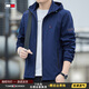 TOME BORNEK American Tommy brand spring and autumn men's casual jacket 2025 new hooded removable hood men's jacket short black velvet 2XL (recommended 136-150Jin Jin equals 0.5 kg)
