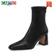 Botas delgadas negras del cartelo franco TOE cuadrado Tacón grueso Tacón alto Boots elásticos 2025 Nuevas botas cortas de primavera y otoño para que las botas para mujeres se vean delgadas y temperamento negro 38