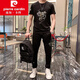 皮尔卡丹烫钻套装T恤男装运动服装休闲运动品牌冰丝短袖帅气时尚搭配帅气 5012黑色套装 M