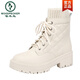 Holzspecker 2025 Herbst und Winter neues Leder im Off-Weiß-Martin-Stiefel für Frauen plus samt dicker Sohle dicker Absatz Vielseitig nicht rutschkurzer Stiefel Beige weißer Samt 36