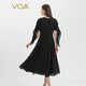VOA Jacquard Mulberry Silk noir V-col en jaune jaune brillant décoration Coin pointu à manches courtes à double couche Robe de soie AE1396 Night Sky Black (B94) L