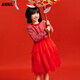 Annair girls' long-sleeved sweater knitted dress 2025 spring new style small fragrant stitching mesh skirt red New Year's red 110cm
