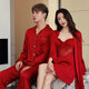 Modal couple pajamas new long-sleeved ice silk red wedding newlyweds high-end men's and women's home wear suits MDE306+MDE168 # Sexy Black L Female + L Male