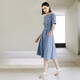 YanYEE Professional Women's Dress Solid Color Round Neck Short Sleeve 2024 Summer New Style Waist Slimming Commuter Button Blue M/38