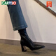 Botas delgadas negras del cartelo franco TOE cuadrado Tacón grueso Tacón alto Boots elásticos 2025 Nuevas botas cortas de primavera y otoño para que las botas para mujeres se vean delgadas y temperamento negro 38