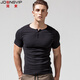 
Simple Henry shirt short-sleeved T-shirt men's solid color cotton open tie buckle Henry neckline thread tight body shirt summer blue M (about 60kg)