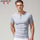 
Simple Henry shirt short-sleeved T-shirt men's solid color cotton open tie buckle Henry neckline thread tight body shirt summer blue M (about 60kg)
