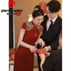 Pierre Cardin Official Burgundy Cheongsam Toast Wear Bride Wedding Chinese New Engagement Dress Back Door Dress Autumn Long Sleeve Burgundy Long Sleeve L