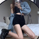 Miao Yijia black shorts for women in autumn and winter high waist denim shorts slimming girls hot pants with boots showing long legs hot girl shorts denim shorts black L