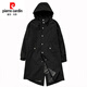 Pierre Cardin windbreaker men's spring and autumn mid-length storm hooded loose versatile trendy jacket vintage pilot coat black 2XL 160-180Jin Jin equals 0.5 kg