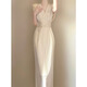 EINDKAD French long skirt texture and embellishment style high-end exquisite apricot waist-hugging sleeveless dress for women summer apricot dress M