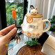 Poppy Bear Cute Cartoon Rabbit Ceramic Mug with Lid Spoon Carrot Girls Breakfast Office Oatmeal Milk Water Cup Wood Grain Carrot + Wooden Lid + Carrot Spoon 1 piece 400ml