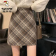Woodpecker 2024 new autumn and winter woolen skirt college style retro high-waisted plaid skirt plaid hip-covering A-line skirt temperament brown elastic waist / inner trousers L recommended 105-120 Jin Jin equals 0.5 kg