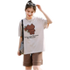 方糖姑娘休闲宽松2025夏季薄新款少女中大童初高中学生短袖T恤可爱印花 5021DYR灰短袖+5035咖色短裤 2XL