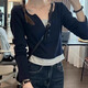 Yu Zhaolin 2025 spring and autumn new product fake two-piece bottoming shirt for women with contrasting color V-neck American slim long-sleeved T-shirt top