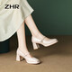 ZHR单鞋女浅口粗高跟玛丽珍鞋子女复古方头增高女鞋 SA37 米色 36 