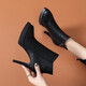 Belle-Ta-Serie Marke Leder Leder Kurzstiefel High Heels 2025 Herbst und Winter sowie Samt Frauenstiefel Dünne Absatz wasserdichte Plattform Dicke Sohle Martin Stiefel Knöchel Schwarz 36