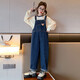 Chili Pepper Diary Girls Denim Overalls Spring and Autumn New Medium and Large Children's Style Loose Straight Temperament Versatile Casual Pants Overalls + Bottoming Shirt (Set) Size 150 Recommended height is about 135-145 cm