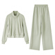 Shandubila Comfortable Casual Contrast Color Stand Collar Sweatshirt Spring and Autumn Short Straight Pants Knitted Cotton Suit Elm Green L