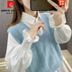 皮尔卡丹（pierre cardin）麻花马甲背心女春秋外搭2025年新款宽松v领针织毛衣马夹无袖上衣 1047杏色 L 【建议111斤-120斤】