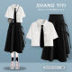 
Yimuqi Korean retro college style girls suit 2023 summer sweet and cool suit female students Korean style loose college style lining black shirt + work skirt 1389# XS suggested 80Jin [Jin equals 0.5 kg] below