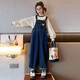 Chili Pepper Diary Girls Denim Overalls Spring and Autumn New Medium and Large Children's Style Loose Straight Temperament Versatile Casual Pants Overalls + Bottoming Shirt (Set) Size 150 Recommended height is about 135-145 cm