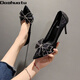 Daohuatu rhinestone bow high heels women's stiletto heels 2021 summer new versatile lace pointed crystal single shoes wedding shoes mesh black upgraded version 5 cm 35 standard size