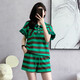 Yaoni dress new 2025 summer high-end fashion casual temperament polo collar knitted striped short-sleeved A-line skirt 9923 green and black suit L