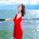 
Xizi beautiful mood summer women's red suspender short skirt short sleeve chiffon dress bohemian beach skirt seaside vacation skirt picture color AQ17A679 L